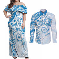 Polynesian Pattern With Plumeria Flowers Couples Matching Off Shoulder Maxi Dress and Long Sleeve Button Shirt Blue