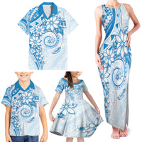 Polynesian Pattern With Plumeria Flowers Family Matching Tank Maxi Dress and Hawaiian Shirt Blue