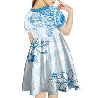 Polynesian Pattern With Plumeria Flowers Kid Short Sleeve Dress Blue