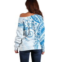 Polynesian Pattern With Plumeria Flowers Off Shoulder Sweater Blue