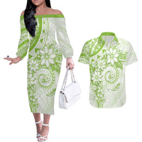 Polynesian Pattern With Plumeria Flowers Couples Matching Off The Shoulder Long Sleeve Dress and Hawaiian Shirt Lime Green