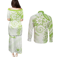 Polynesian Pattern With Plumeria Flowers Couples Matching Puletasi and Long Sleeve Button Shirt Lime Green