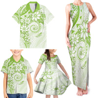 Polynesian Pattern With Plumeria Flowers Family Matching Tank Maxi Dress and Hawaiian Shirt Lime Green