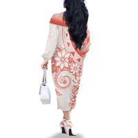 Polynesian Pattern With Plumeria Flowers Family Matching Off The Shoulder Long Sleeve Dress and Hawaiian Shirt Orange Peach