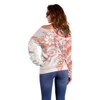 Polynesian Pattern With Plumeria Flowers Off Shoulder Sweater Orange Peach