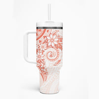 Orange Peach Polynesian Pattern With Plumeria Flowers Tumbler With Handle