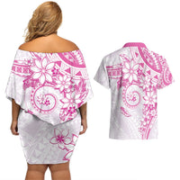 Polynesian Pattern With Plumeria Flowers Couples Matching Off Shoulder Short Dress and Hawaiian Shirt Pink