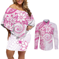 Polynesian Pattern With Plumeria Flowers Couples Matching Off Shoulder Short Dress and Long Sleeve Button Shirt Pink