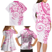 Polynesian Pattern With Plumeria Flowers Family Matching Long Sleeve Bodycon Dress and Hawaiian Shirt Pink