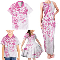 Polynesian Pattern With Plumeria Flowers Family Matching Tank Maxi Dress and Hawaiian Shirt Pink