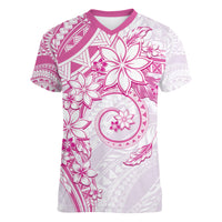 Polynesian Pattern With Plumeria Flowers Women V-Neck T-Shirt Pink