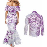 Polynesian Pattern With Plumeria Flowers Couples Matching Mermaid Dress and Long Sleeve Button Shirt Purple LT05 - Polynesian Pride