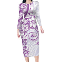 Polynesian Pattern With Plumeria Flowers Family Matching Long Sleeve Bodycon Dress and Hawaiian Shirt Purple