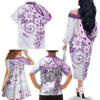 Polynesian Pattern With Plumeria Flowers Family Matching Off The Shoulder Long Sleeve Dress and Hawaiian Shirt Purple