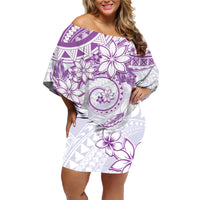 Polynesian Pattern With Plumeria Flowers Family Matching Off Shoulder Short Dress and Hawaiian Shirt Purple