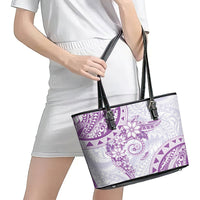 Polynesian Pattern With Plumeria Flowers Leather Tote Bag Purple