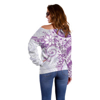 Polynesian Pattern With Plumeria Flowers Off Shoulder Sweater Purple