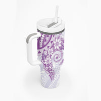 Purple Polynesian Pattern With Plumeria Flowers Tumbler With Handle