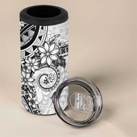 White Polynesian Pattern With Plumeria Flowers 4 in 1 Can Cooler Tumbler