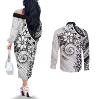 Polynesian Pattern With Plumeria Flowers Couples Matching Off The Shoulder Long Sleeve Dress and Long Sleeve Button Shirt White