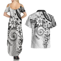 Polynesian Pattern With Plumeria Flowers Couples Matching Summer Maxi Dress and Hawaiian Shirt White