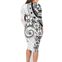 Polynesian Pattern With Plumeria Flowers Family Matching Long Sleeve Bodycon Dress and Hawaiian Shirt White