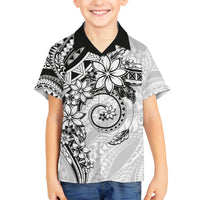 Polynesian Pattern With Plumeria Flowers Family Matching Long Sleeve Bodycon Dress and Hawaiian Shirt White