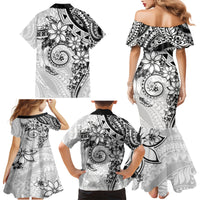 Polynesian Pattern With Plumeria Flowers Family Matching Mermaid Dress and Hawaiian Shirt White