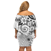 Polynesian Pattern With Plumeria Flowers Family Matching Off Shoulder Short Dress and Hawaiian Shirt White