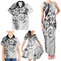 Polynesian Pattern With Plumeria Flowers Family Matching Tank Maxi Dress and Hawaiian Shirt White