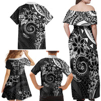 Polynesian Pattern With Plumeria Flowers Family Matching Off Shoulder Maxi Dress and Hawaiian Shirt Black