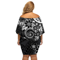 Polynesian Pattern With Plumeria Flowers Off Shoulder Short Dress Black LT05 - Polynesian Pride