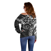 Polynesian Pattern With Plumeria Flowers Off Shoulder Sweater Black
