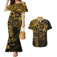 Polynesian Sunset Plumeria Couples Matching Mermaid Dress and Hawaiian Shirt Gold Polynesian Tattoo LT05 Gold - Polynesian Pride