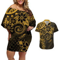 Polynesian Sunset Plumeria Couples Matching Off Shoulder Short Dress and Hawaiian Shirt Gold Polynesian Tattoo