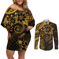 Polynesian Sunset Plumeria Couples Matching Off Shoulder Short Dress and Long Sleeve Button Shirt Gold Polynesian Tattoo LT05 Gold - Polynesian Pride
