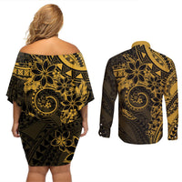 Polynesian Sunset Plumeria Couples Matching Off Shoulder Short Dress and Long Sleeve Button Shirt Gold Polynesian Tattoo LT05 - Polynesian Pride
