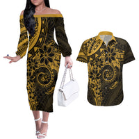 Polynesian Sunset Plumeria Couples Matching Off The Shoulder Long Sleeve Dress and Hawaiian Shirt Gold Polynesian Tattoo