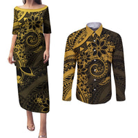 Polynesian Sunset Plumeria Couples Matching Puletasi and Long Sleeve Button Shirt Gold Polynesian Tattoo LT05 Gold - Polynesian Pride