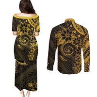 Polynesian Sunset Plumeria Couples Matching Puletasi and Long Sleeve Button Shirt Gold Polynesian Tattoo LT05 - Polynesian Pride