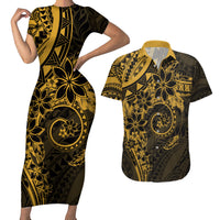 Polynesian Sunset Plumeria Couples Matching Short Sleeve Bodycon Dress and Hawaiian Shirt Gold Polynesian Tattoo LT05 Gold - Polynesian Pride