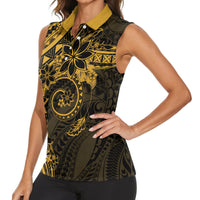 Polynesian Sunset Plumeria Women Sleeveless Polo Shirt Gold Polynesian Tattoo