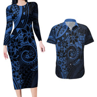 Polynesian Sunset Plumeria Couples Matching Long Sleeve Bodycon Dress and Hawaiian Shirt Navy Polynesian Tattoo