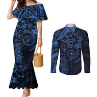 Polynesian Sunset Plumeria Couples Matching Mermaid Dress and Long Sleeve Button Shirt Navy Polynesian Tattoo LT05 Navy - Polynesian Pride