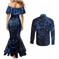 Polynesian Sunset Plumeria Couples Matching Mermaid Dress and Long Sleeve Button Shirt Navy Polynesian Tattoo LT05 - Polynesian Pride