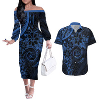 Polynesian Sunset Plumeria Couples Matching Off The Shoulder Long Sleeve Dress and Hawaiian Shirt Navy Polynesian Tattoo