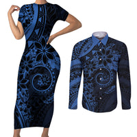 Polynesian Sunset Plumeria Couples Matching Short Sleeve Bodycon Dress and Long Sleeve Button Shirt Navy Polynesian Tattoo