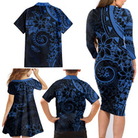 Polynesian Sunset Plumeria Family Matching Long Sleeve Bodycon Dress and Hawaiian Shirt Navy Polynesian Tattoo