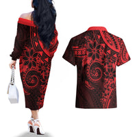 Polynesian Sunset Plumeria Couples Matching Off The Shoulder Long Sleeve Dress and Hawaiian Shirt Red Polynesian Tattoo