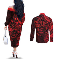 Polynesian Sunset Plumeria Couples Matching Off The Shoulder Long Sleeve Dress and Long Sleeve Button Shirt Red Polynesian Tattoo